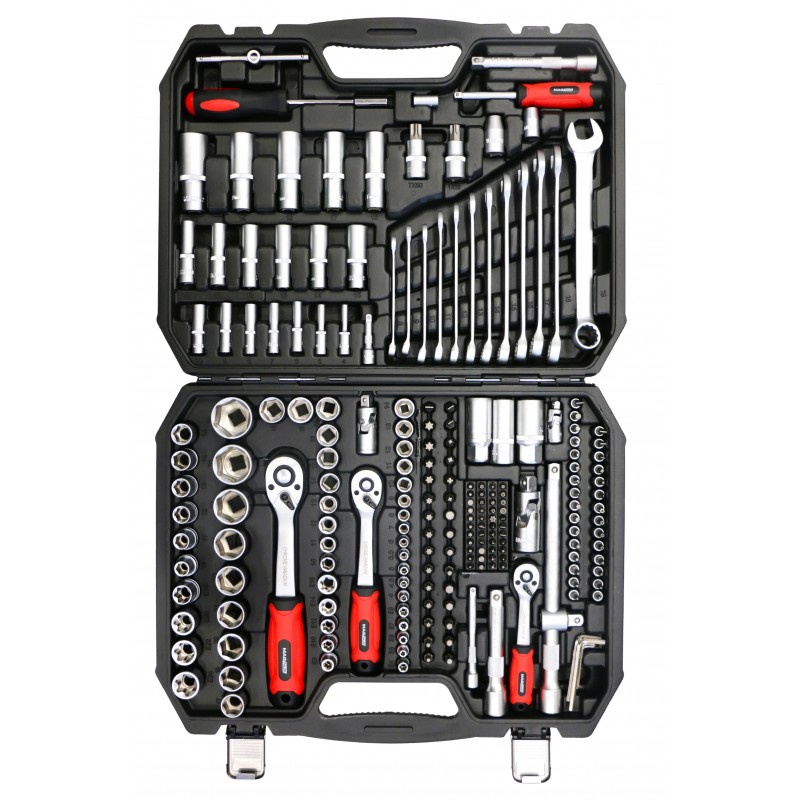 Zestaw narzędziowy kluczy nasadowych, płako-oczkowych 1/2 +3/8 +1/4 - 219 elem FULL